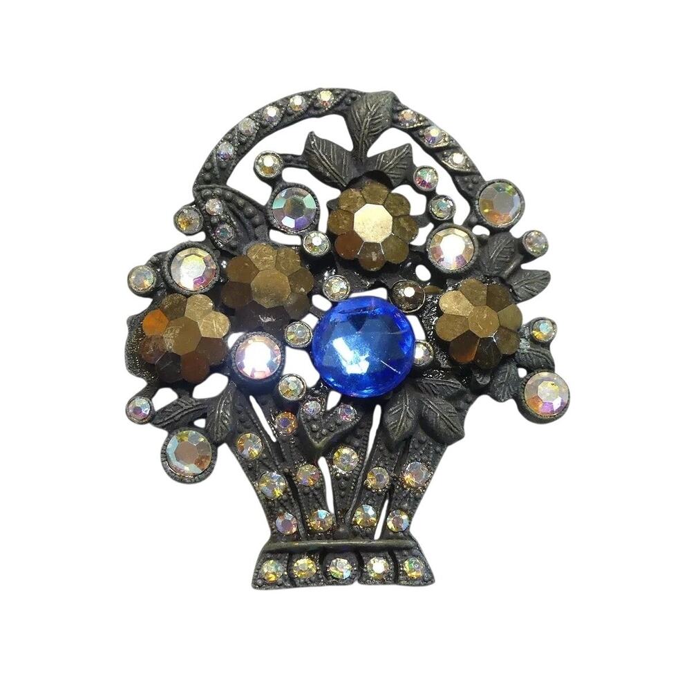 Vintage Mid Century Flower Basket Brooch with Cobalt, Aurora Borealis Rhinestone